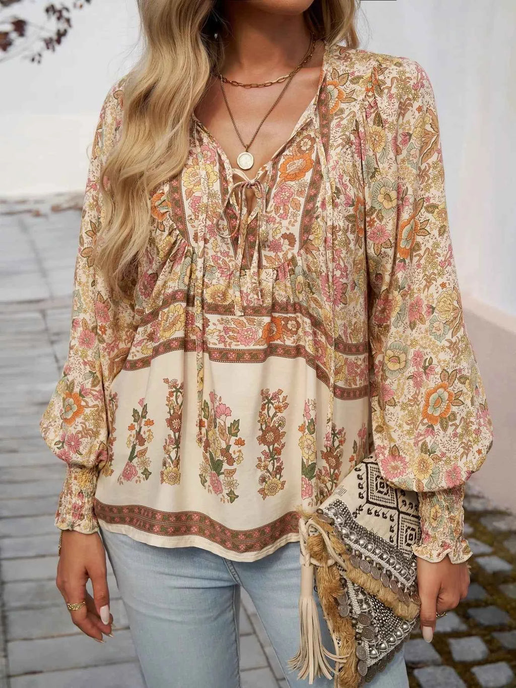 Floral Print Tie Neck Bohemian Blouse 765fb68f-2ca9-47ae-a301-86c7edd55c66-Max-Origin