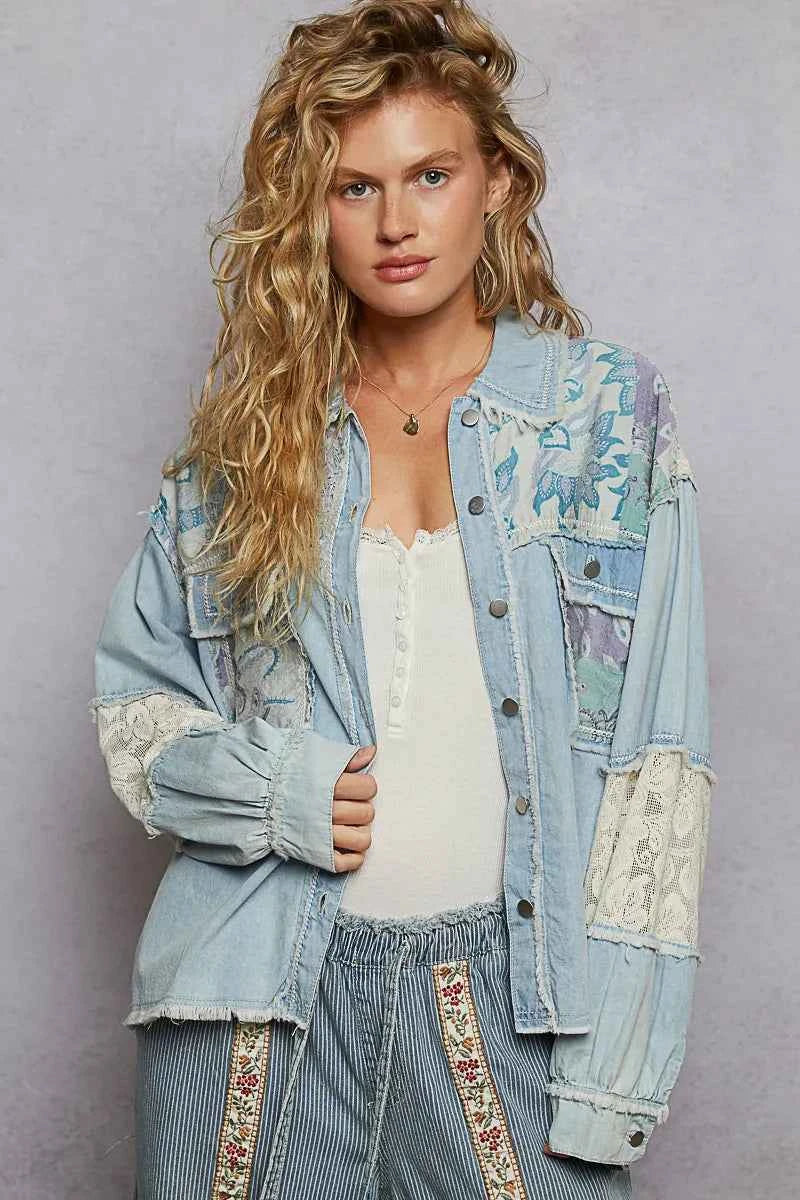 POL Printed Woven Mix Raw Hem Jacket with Lace Detail Pastel Blue 76666775-2fea-44c3-94e8-9f1524c45e65-Max-Origin
