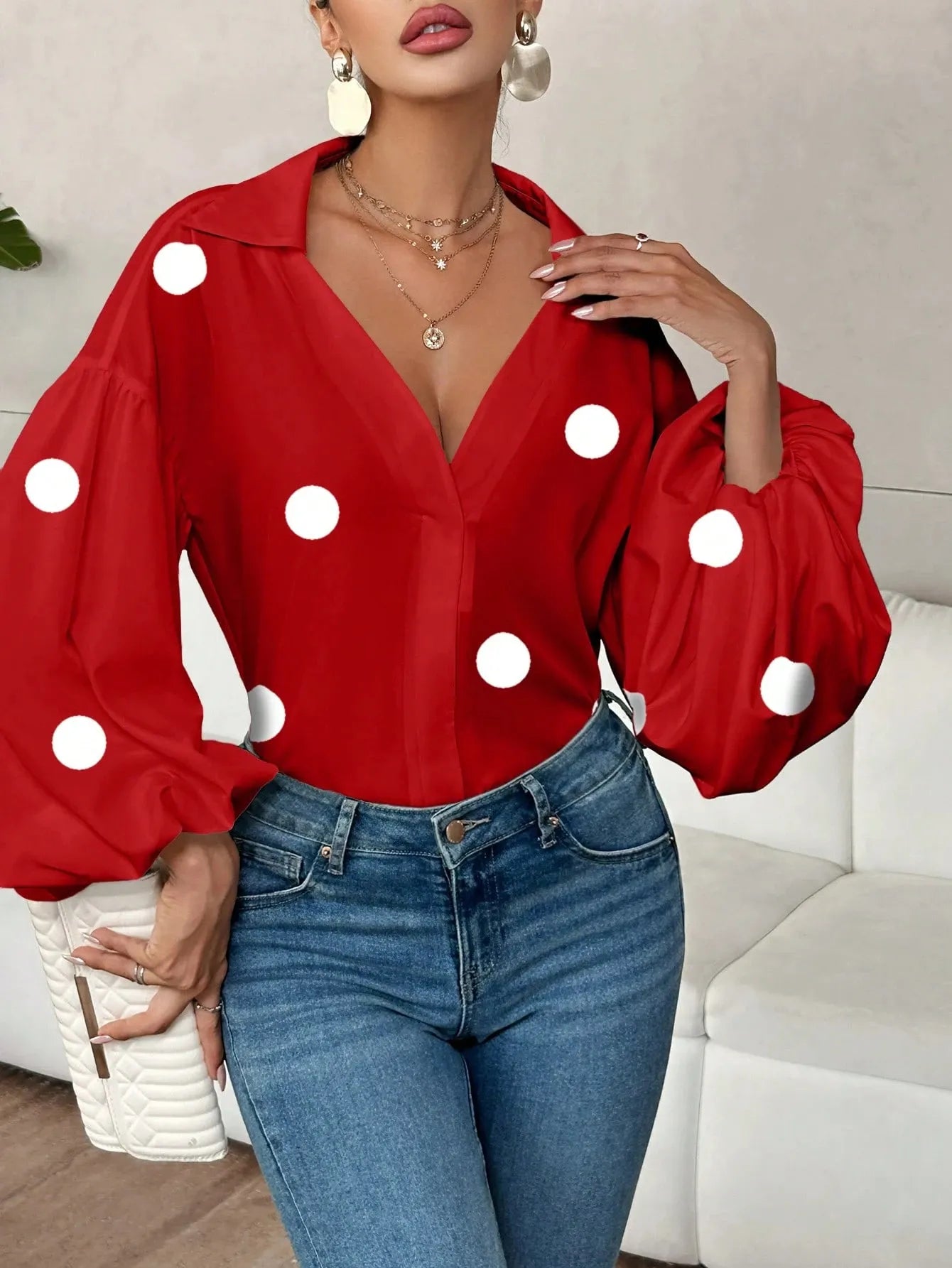 Polka Dot Balloon Sleeve Blouse 7668eca3-be75-46e8-8de5-171f676aafbf-Max-Origin