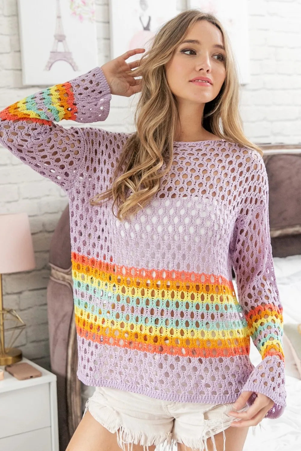 BiBi Rainbow Stripe Hollow Out Cover Up Lavender 766be9da-3bc9-4aaa-9961-c64555a05f23-Max