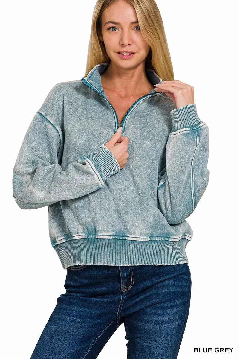 Zenana Acid Wash Fleece Half Zip Sweatshirt BLUE GREY 766cd5c1442f4d60a623c1f6c55e5e0a-Max-Origin