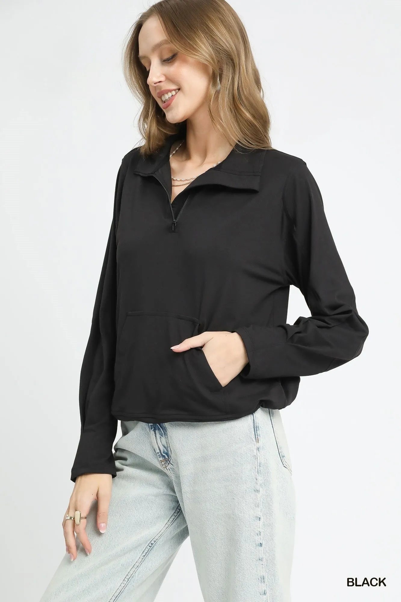 Umgee Half-Zip Sweatshirt with Front kangaroo pocket BLACK 767053f9-753c-4798-be39-9c8a0f38ca59-Max-Origin