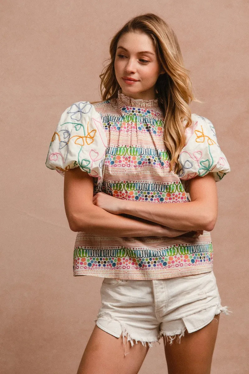 BiBi Ruffle Neckline Blouse With Embroidery Bubble Sleeve 7671fc3943e24cb3af779c682f435099-Max-Origin