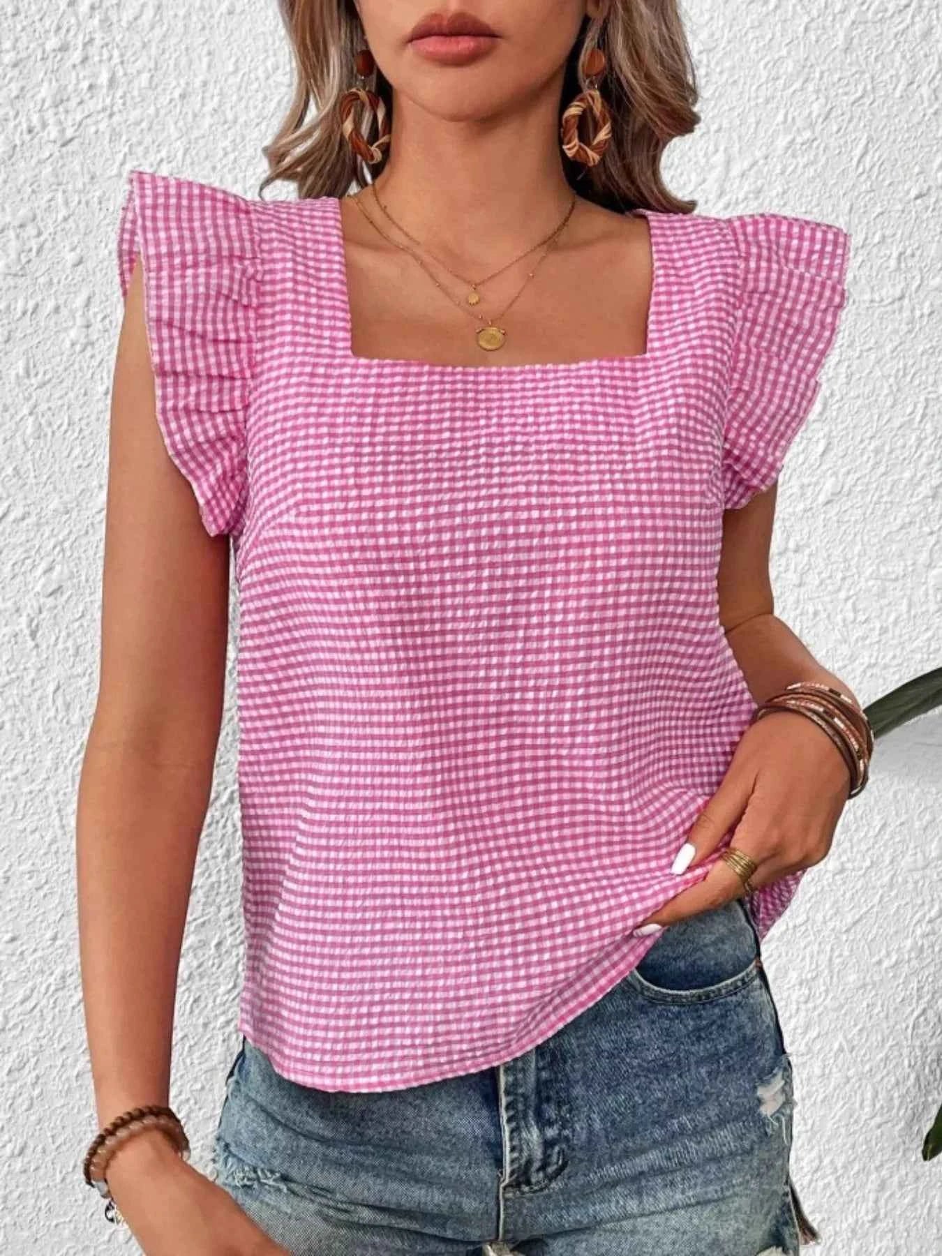 Gingham Ruffle Sleeve Square Neck Blouse 76723dc6-4bca-4346-91c8-06947f6086b6-Max-Origin