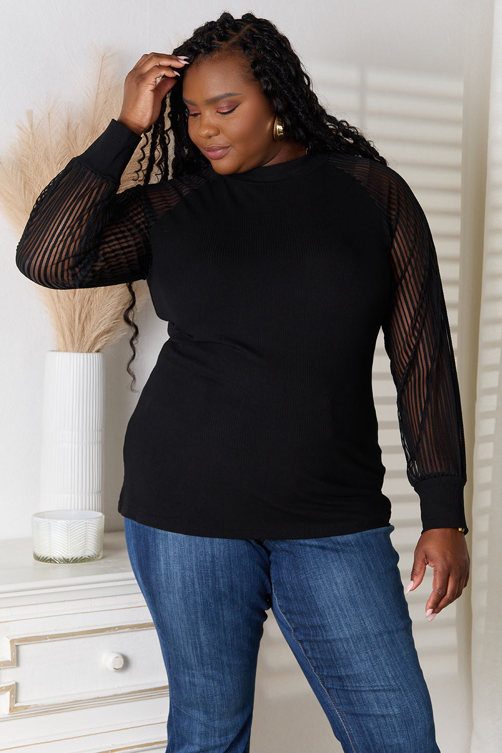Double Take Round Neck Raglan Sleeve Blouse 767245725a544eb38d390fa910714cf1-Max