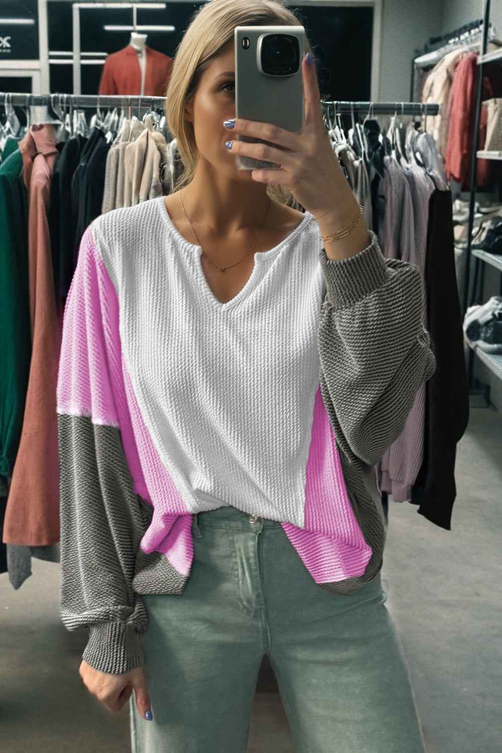 White Spiral Ribbed Raw Seam Color Block Patchwork Long Sleeve Top 76741915c6dee0b8