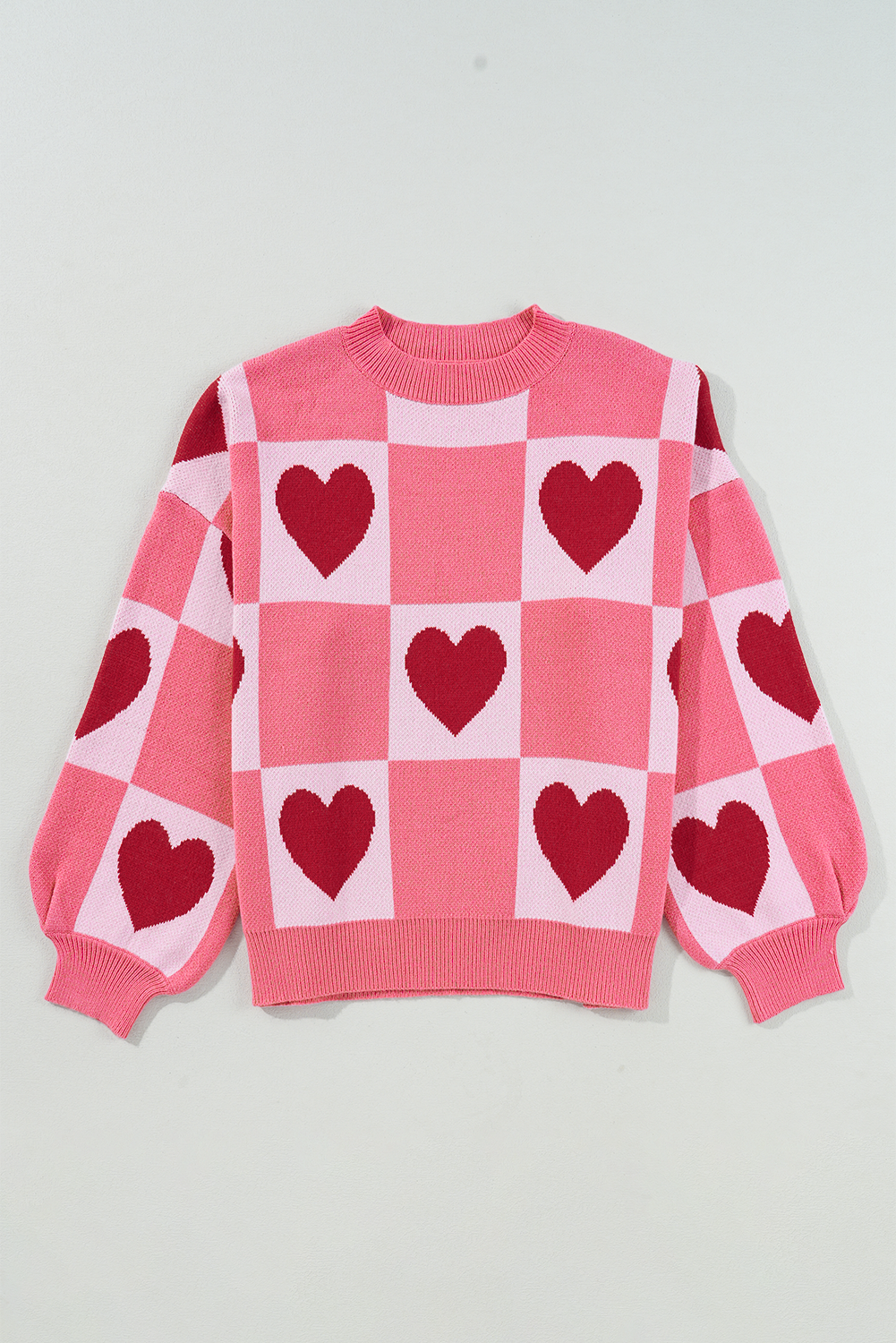 Pink Plus Size Heart Checkered Colorblock Lantern Sleeve Sweater 76763c021c00acf9
