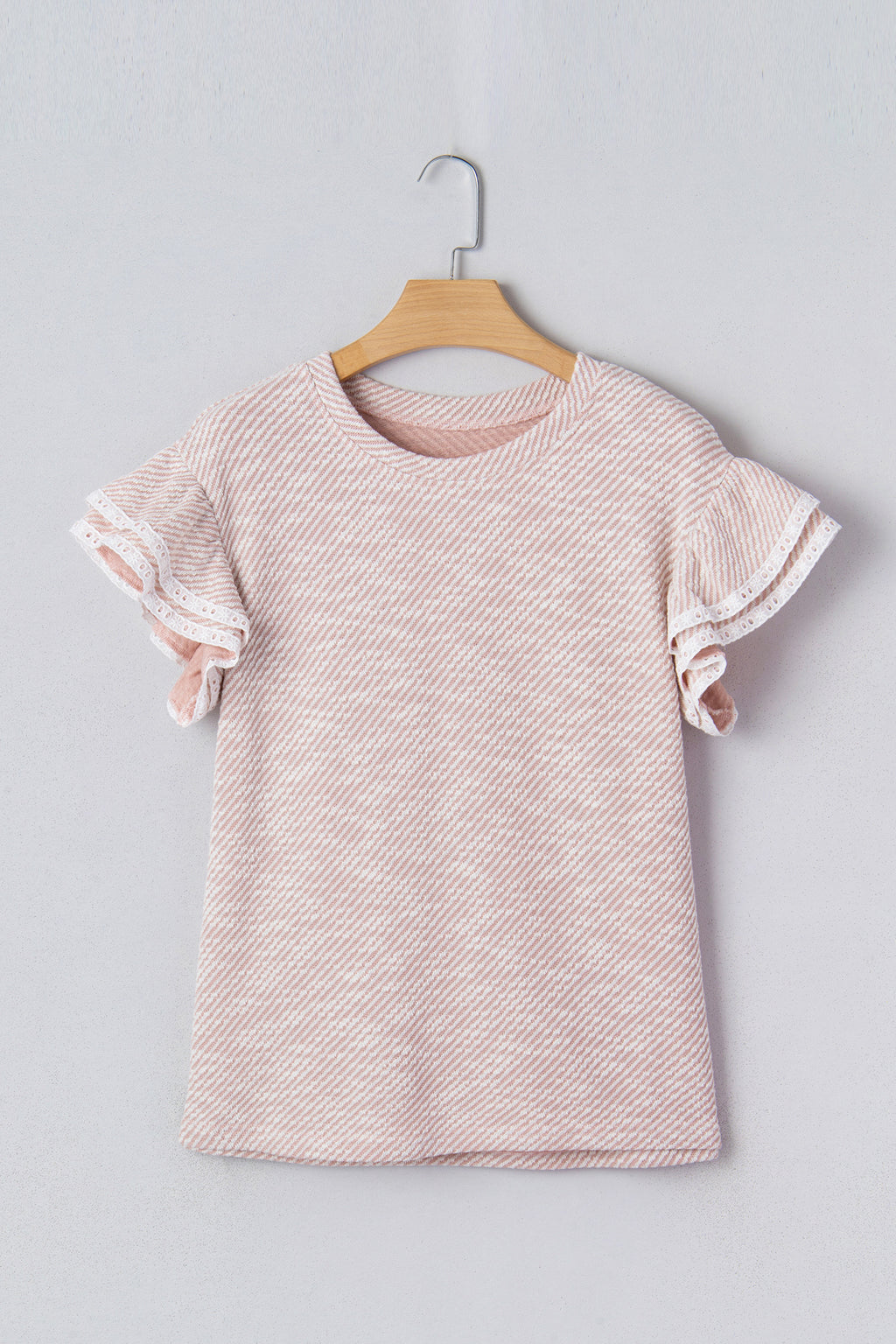 Light Pink Twilled Print Lace Trim Ruffled Short Sleeve Blouse 767ab8b3699b833a