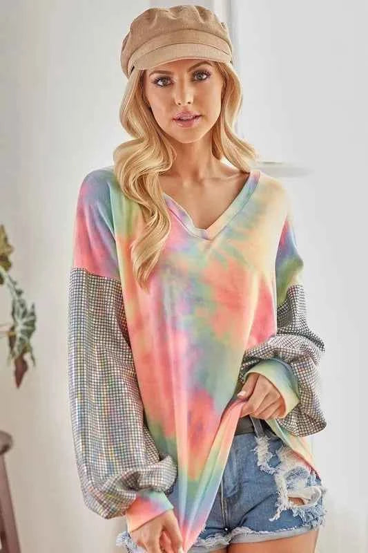 V Neck Tie Dye French Terry Top with Shiny 767b451360bf42e4a779920f538e348e-Max-Origin