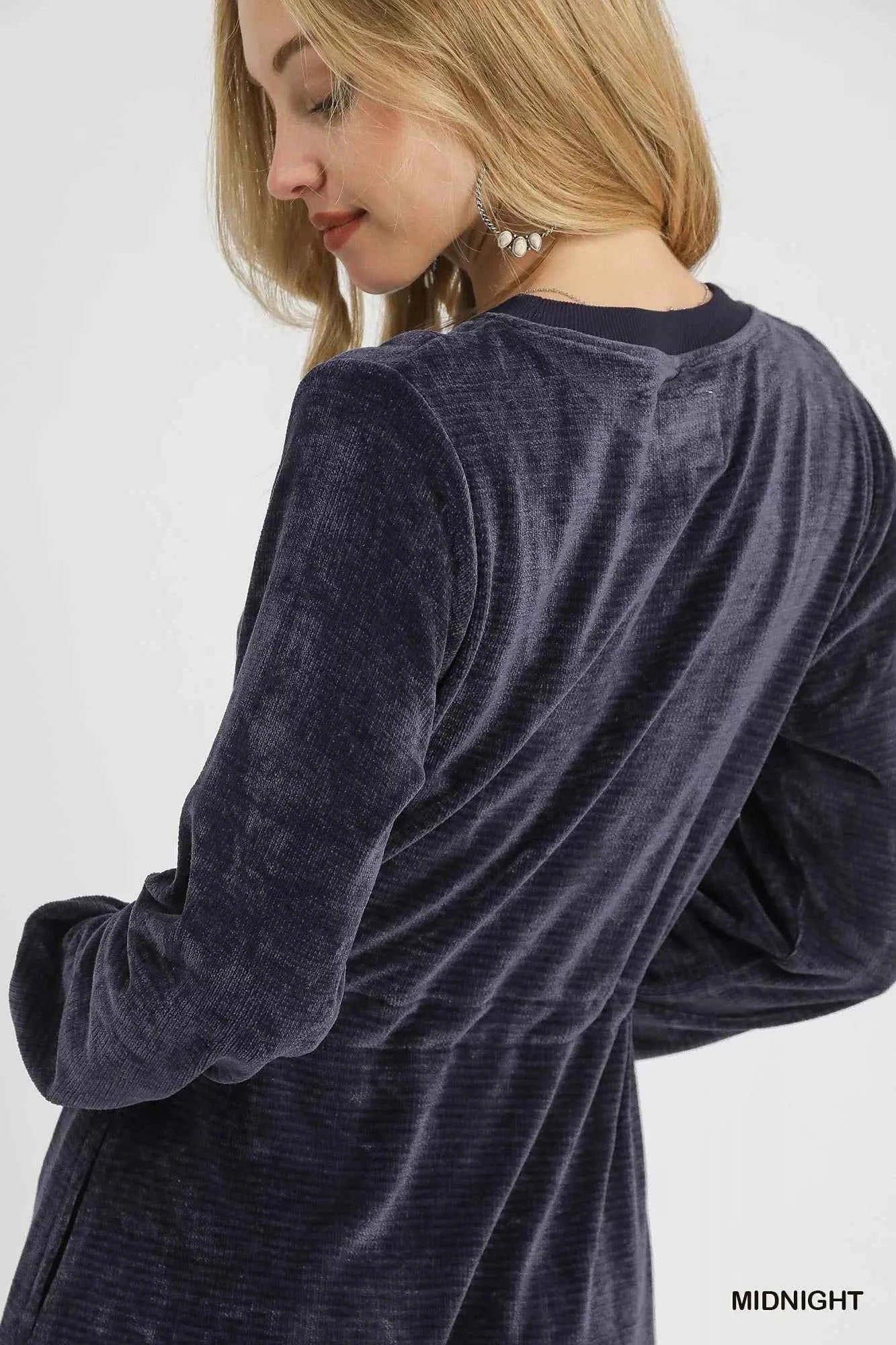 Umgee Velour Drawstring Mini Dress with Long Sleeves 767cba6d-bbe4-4d93-9601-980bc178a20a-Max-Origin