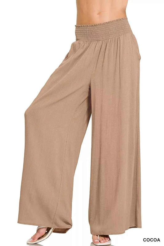 Zenana Smocked Waistband Wide Leg Lounge Pants COCOA 767d6e112b904328856d213490dd4563-Max-Origin