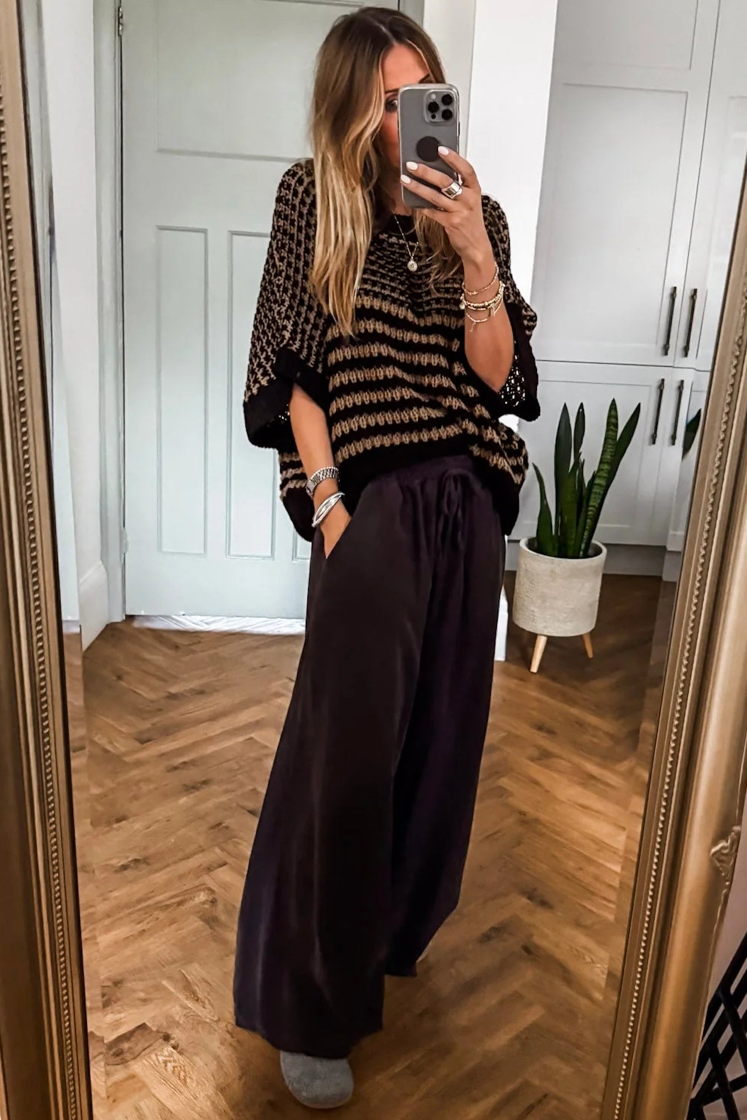 Black Stripe 3/4 Draped Sleeve Slouchy Sweater 767e33fbfc521dd9
