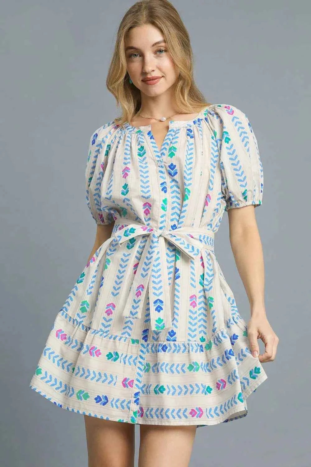 Umgee Printed Tie Waist Puff Short Sleeve Mini Dress Ivory 767f254e-31ff-40bf-a882-e50df560fb80-Max-Origin