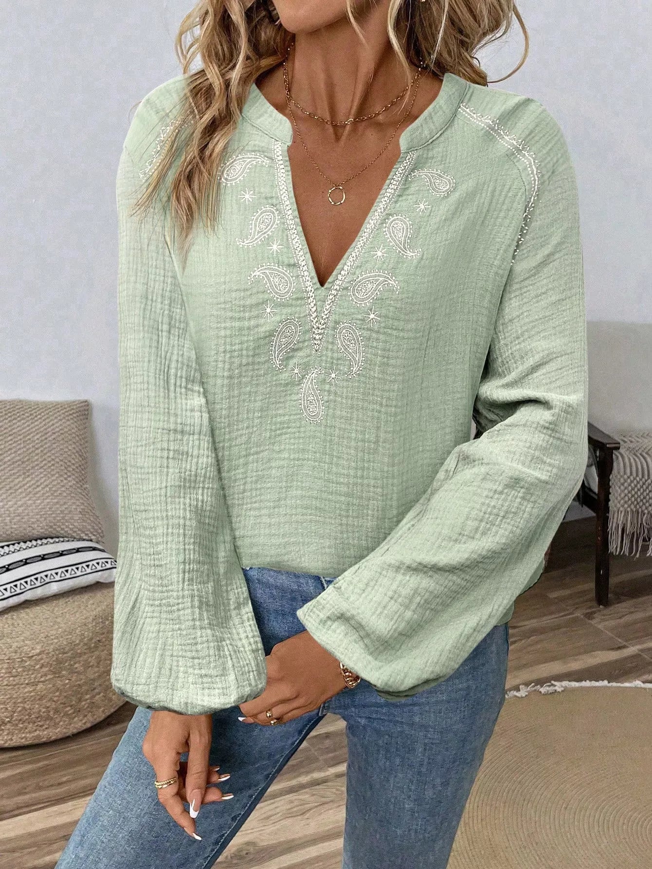 Paisley Notched Balloon Sleeve Blouse 76805d04-4119-4b97-b992-cf252fa2ad1d-Max-Origin