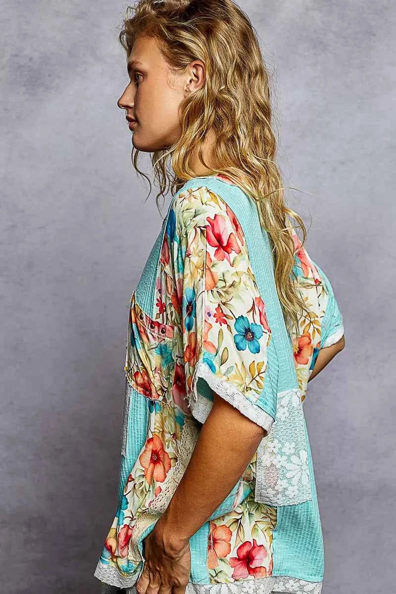 Lace Round Neck Short Sleeve Floral Pattern Top with Patch Detail 76807d64-27ee-4fc3-876f-1d01f84633a5-Max-Origin