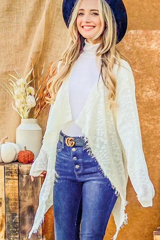 Textured Knit Fringe Hem Cardigan - Bohemian Open Front 7681855e-807d-495f-965f-13611837a2b1-Max
