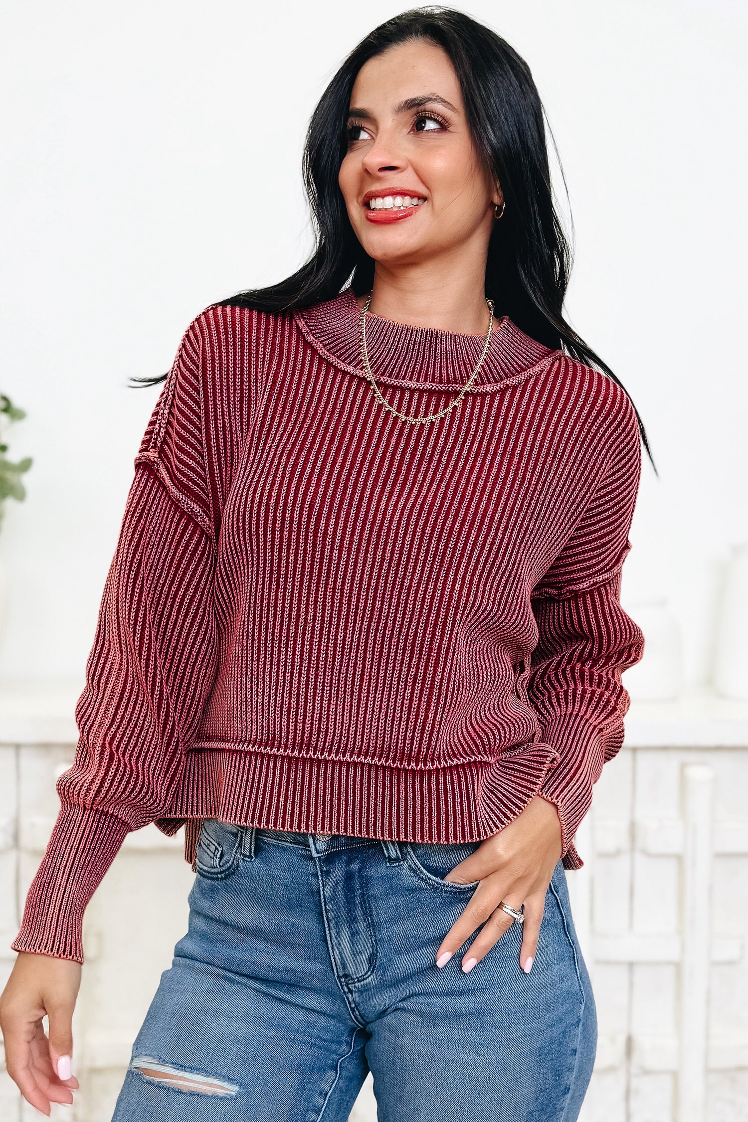 Red Dahlia Drop Shoulder High Neck Ribbed Sweater 76821b98b1e55d87