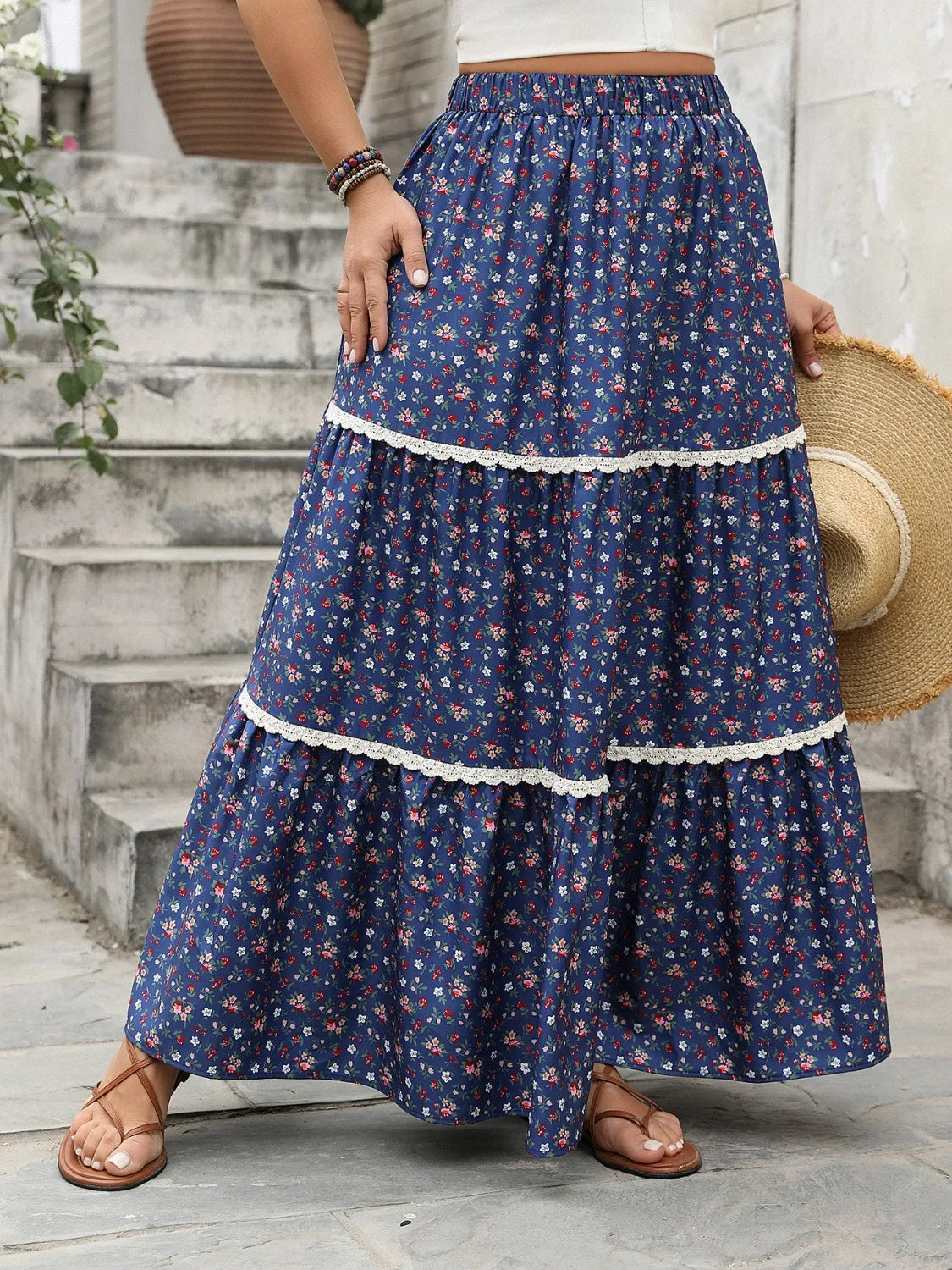 Plus Size Floral Elastic Waist Maxi Skirt Dark Blue 76851a86-83f9-481e-a324-0f7782d77490-Max-Origin