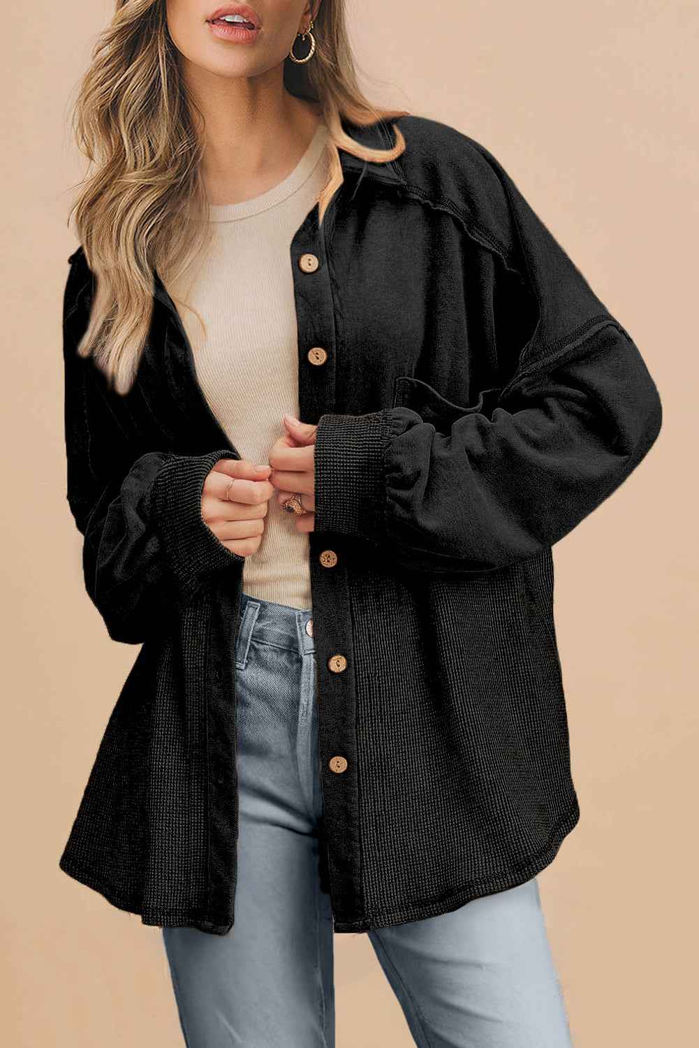 Black Waffle Knit Patchwork Exposed Seam Loose Shacket Black 65%Polyester+35%Cotton 768ae0192eba28df