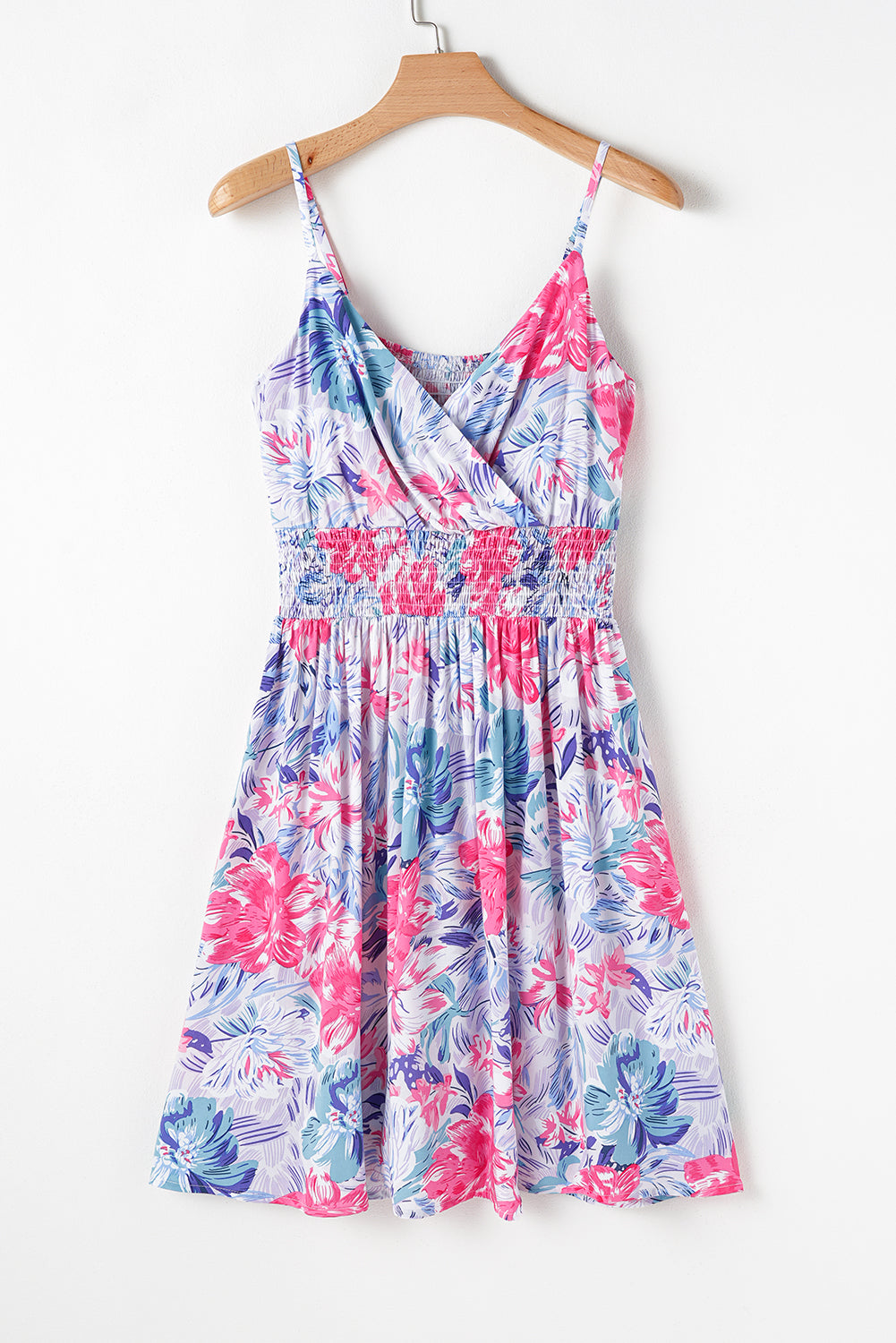 Sky Blue Floral Spaghetti Strap Surplice Neck Shirred Waist Mini Dress 768b0e44a91efbde