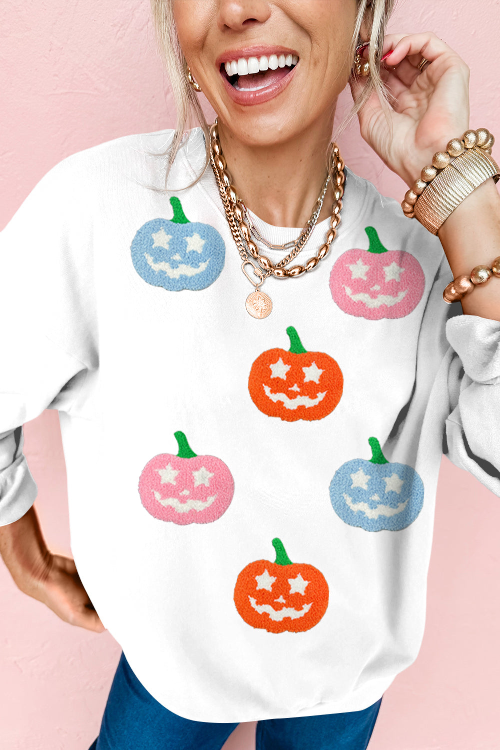 White Cute Halloween Pumpkin Sequins Patch Graphic Sweatshirt 76903ebbf7c9f28f