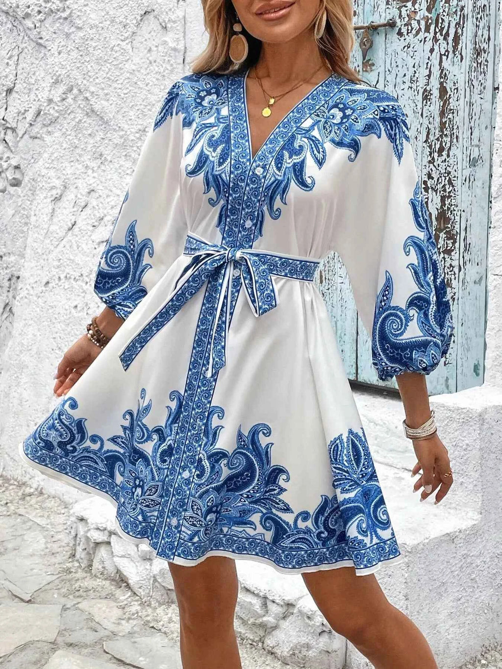 Printed Balloon Sleeve Mini Dress 7690595cb74441b584769b4672a42642-Max-Origin
