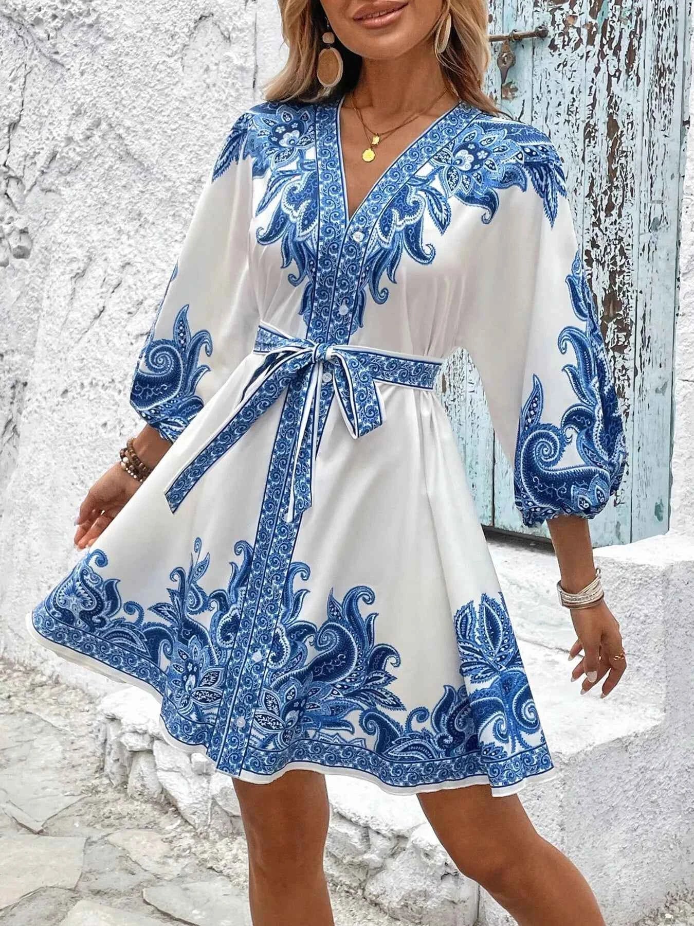 Printed Balloon Sleeve Mini Dress 7690595cb74441b584769b4672a42642-Max-Origin