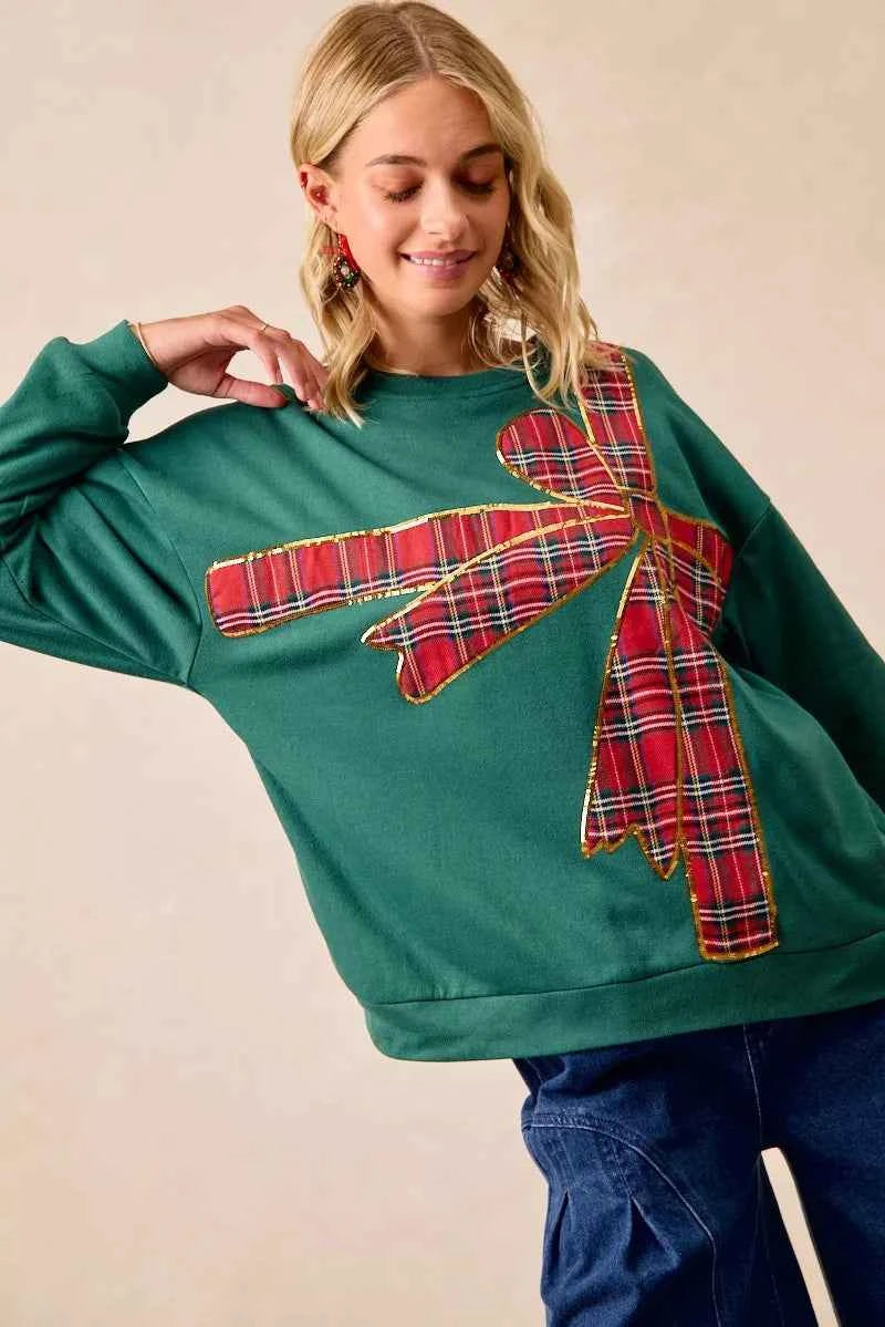BiBi Plaid Ribbon Bow Detail Christmas Fleece Pullover 769144e759124d1f833004758994e63b-Max-Origin