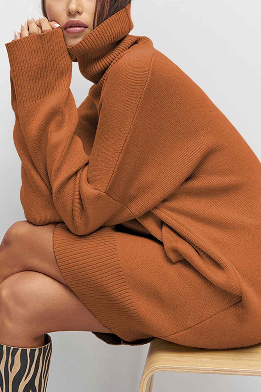 Black Solid Color Turtleneck Drop Shoulder Loose Sweater Dress 769d4543cd53f74f