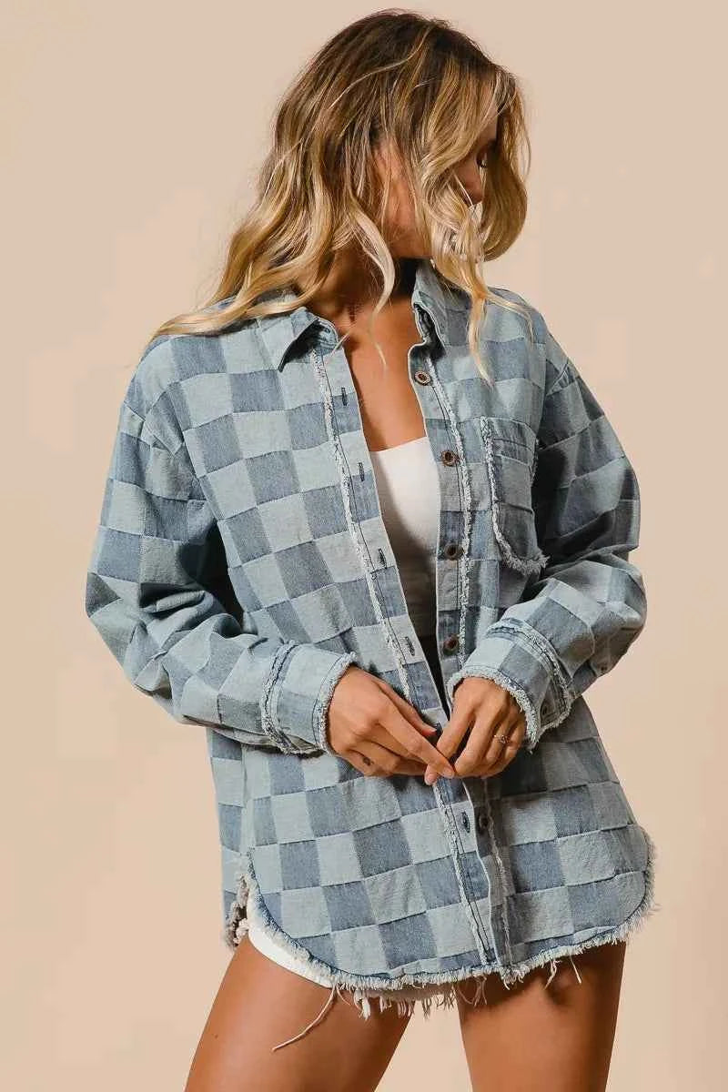 BiBi Frayed Edged Detail Washed Checker Denim Shirt 76a40a9ff9034ab394a0577d8a6b111c-Max-Origin