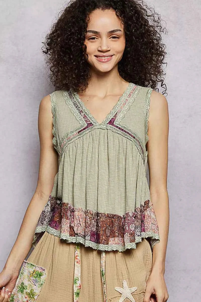 POL Lace Detail Ruffled Ribbed Sleeveless Top with Floral Pattern Trim Detail POWDER OLIVE 76aac7c8-e651-4abe-a254-3b04932d3e61-Max-Origin
