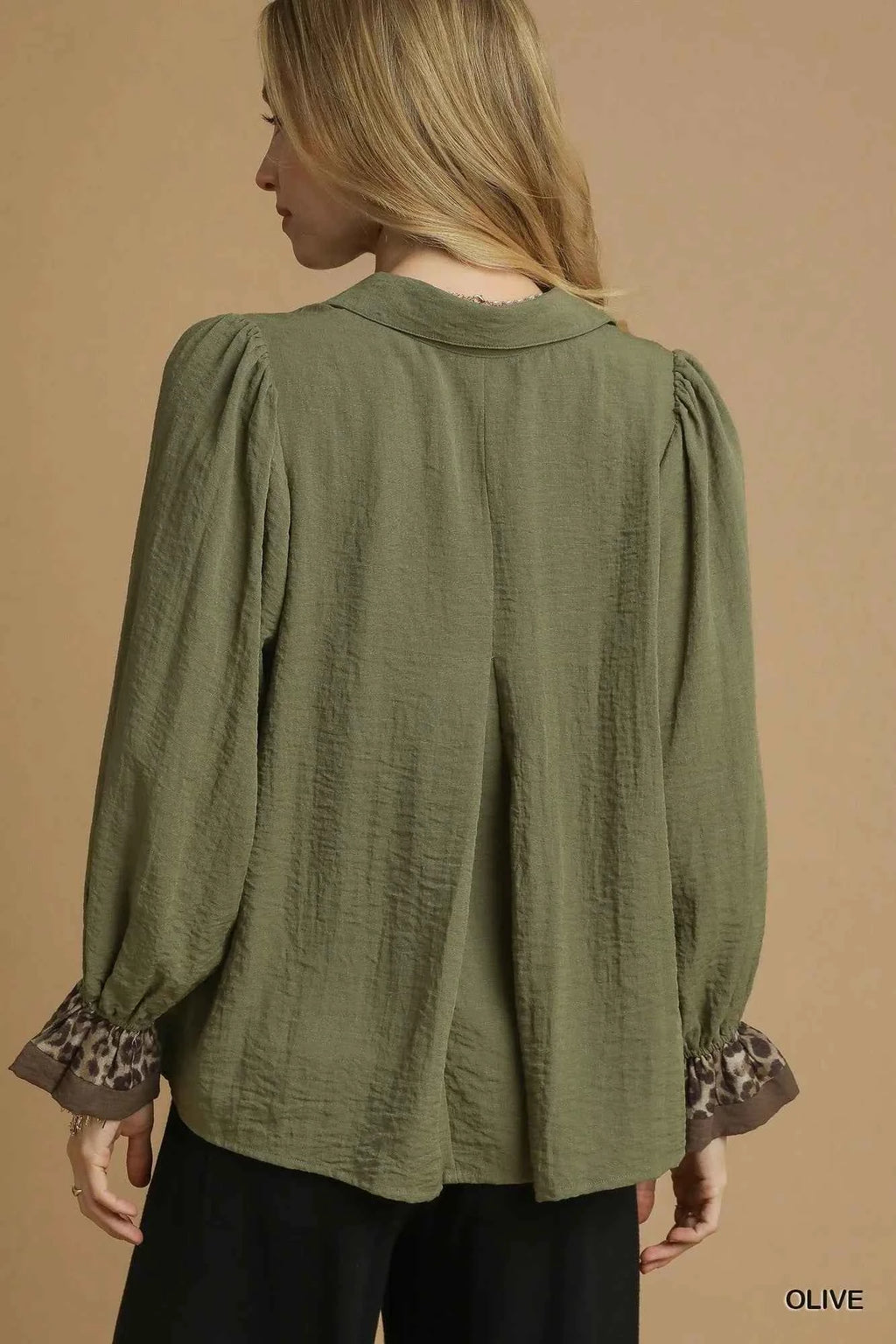 Umgee Half Button Blouse with Leopard Print Trim 76ab8564-0991-455a-a182-5678f9f64381-Max-Origin