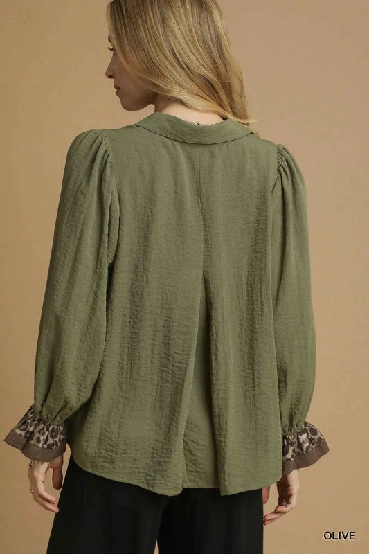 Half Button Blouse with Leopard Print Trim 76ab8564-0991-455a-a182-5678f9f64381-Max-Origin
