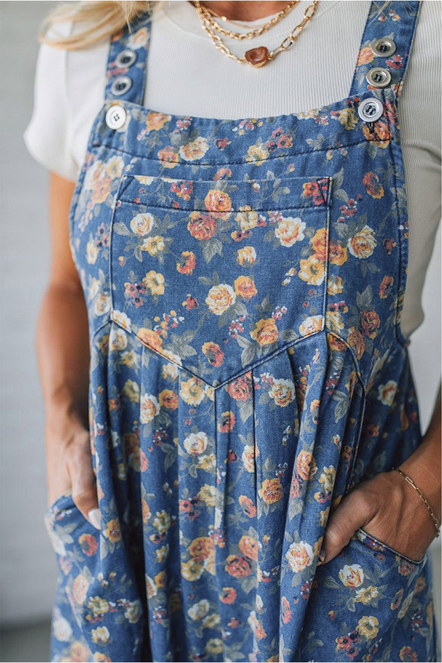 Blue Vintage Rose Printed Pleated Loose Denim Overall Jumpsuit 76b4690a6c390b37