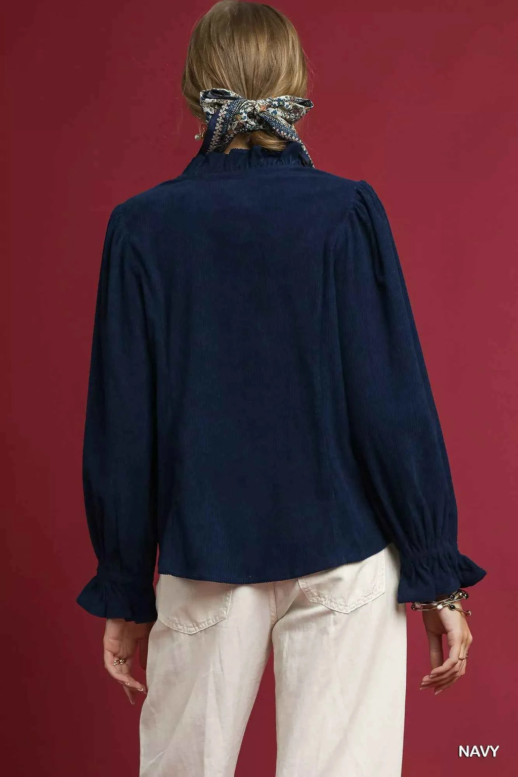 Umgee Corduroy Ruffle Shirt with Long Puff Sleeves 76b7de41-a01d-4fec-9e0a-3bfdef98b99e-Max-Origin