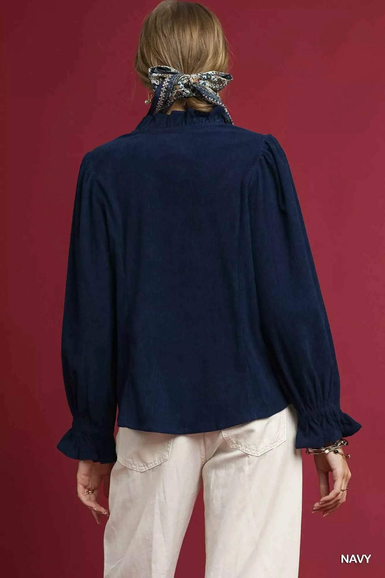 Umgee Corduroy Ruffle Shirt with Long Puff Sleeves 76b7de41-a01d-4fec-9e0a-3bfdef98b99e-Max-Origin