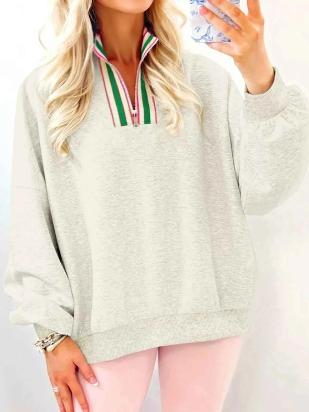Contrast Striped Patchwork Zip Collar Sweatshirt Beige 76c138ec33e4448894da015d8e37c392-Max-Origin
