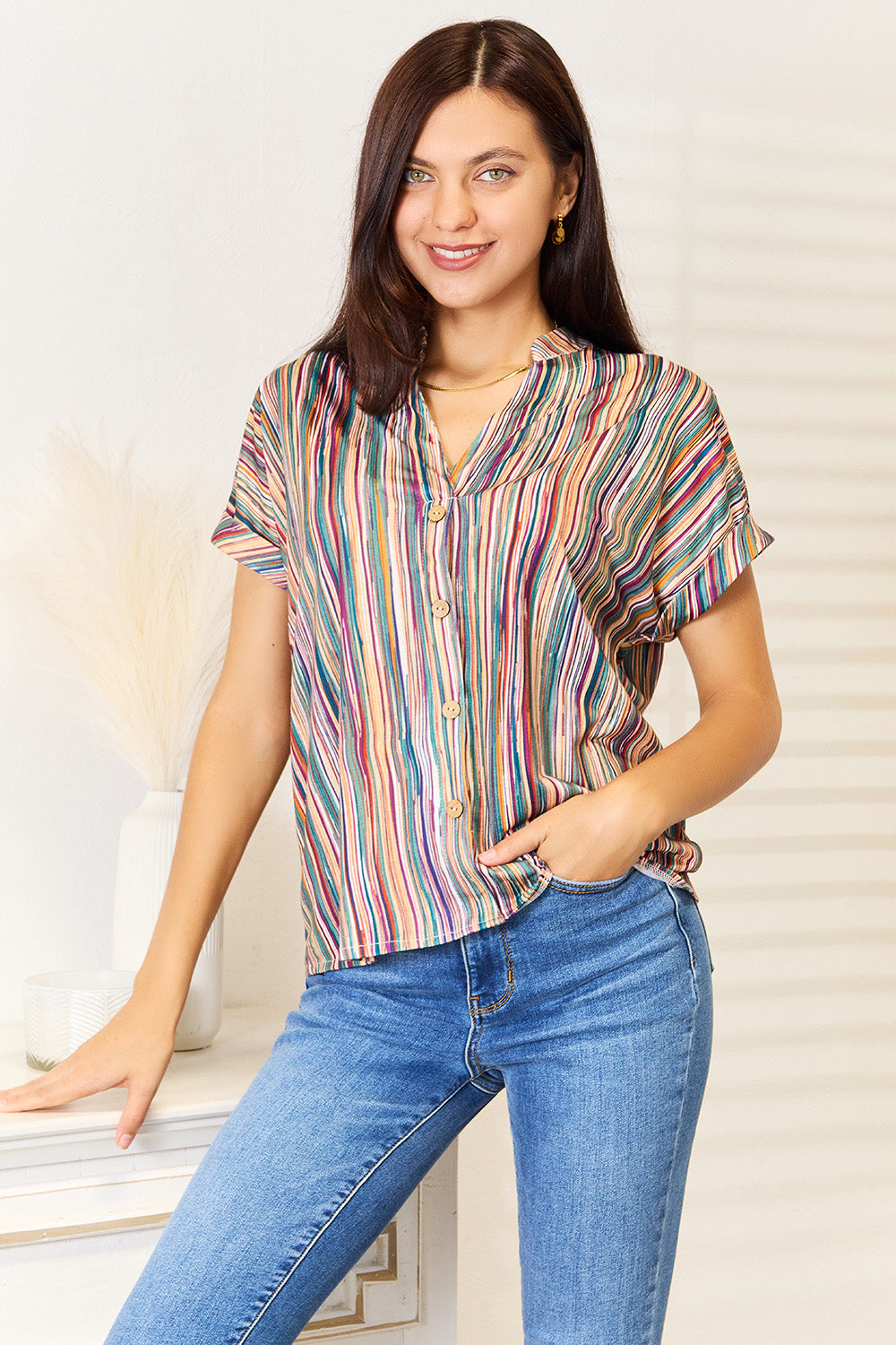 Shiny Multicolored Stripe Notched Neck Top Stripe 76c4bcf9cc814f5f8ef42a89a6a1d6fc-Max