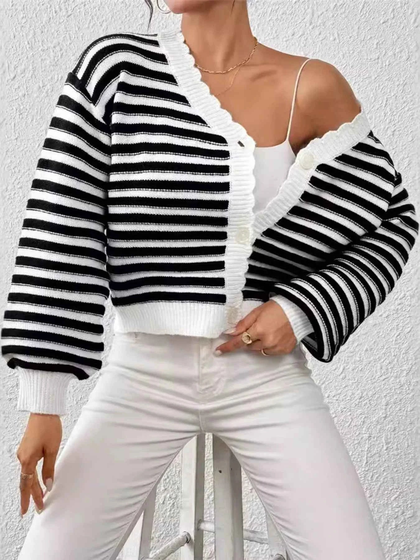 Rainbow Striped Cropped Cardigan with Balloon Sleeves