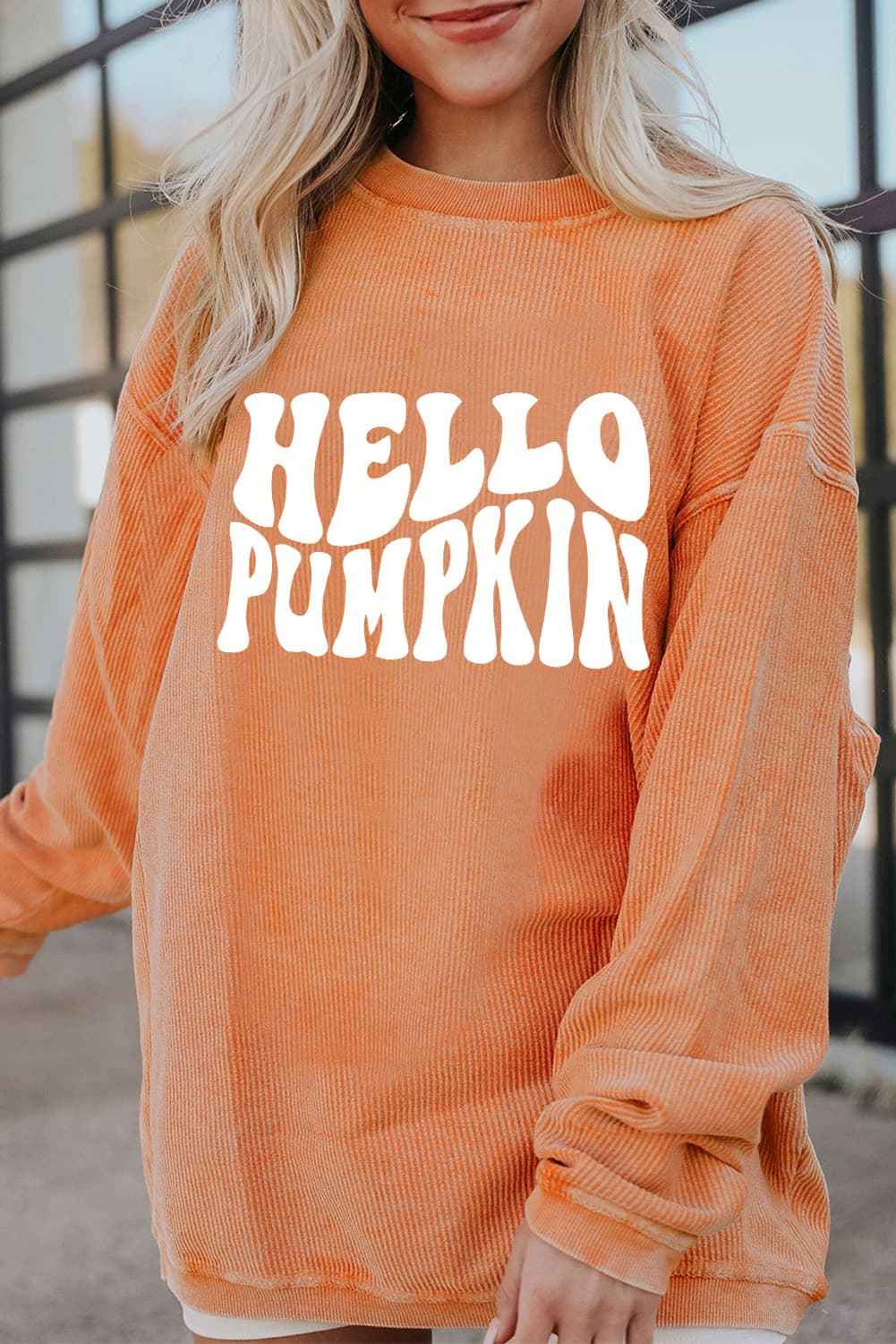 Round Neck Dropped Shoulder HELLO PUMPKIN Graphic Sweatshirt Caramel 76cbb61efc7e463fb87db2cfd34d536c-Max