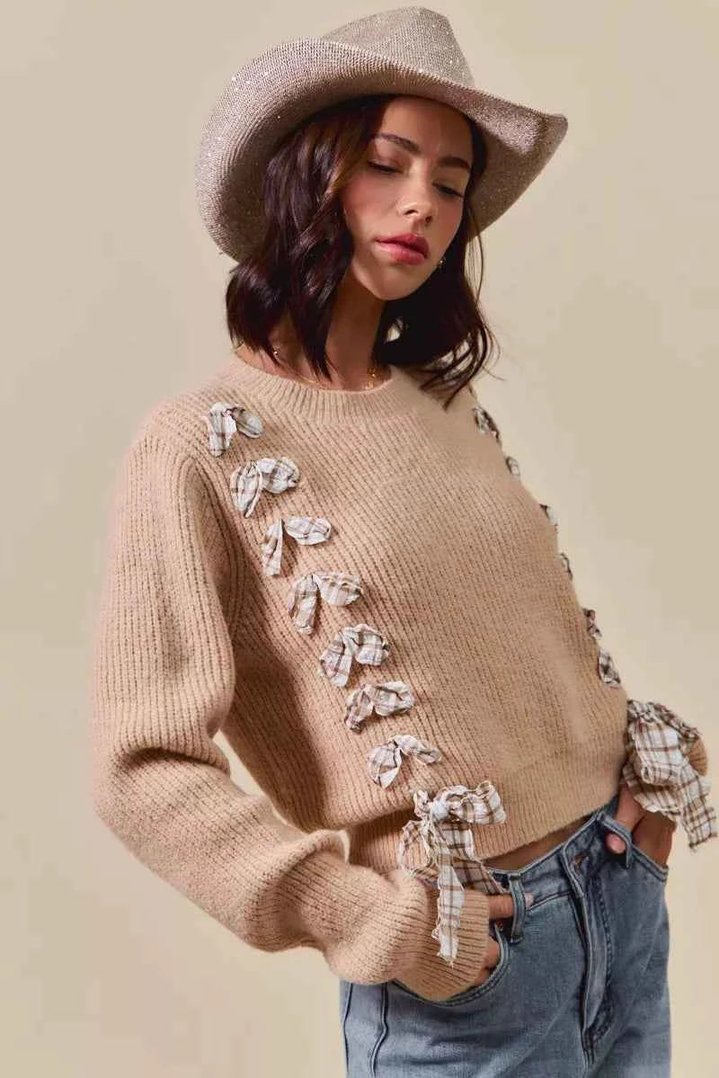 SO ME Checkered Plaid Tape Lace Up Ribbed Sweater 76d25f95bf6044d28270436026960693-Max-Origin