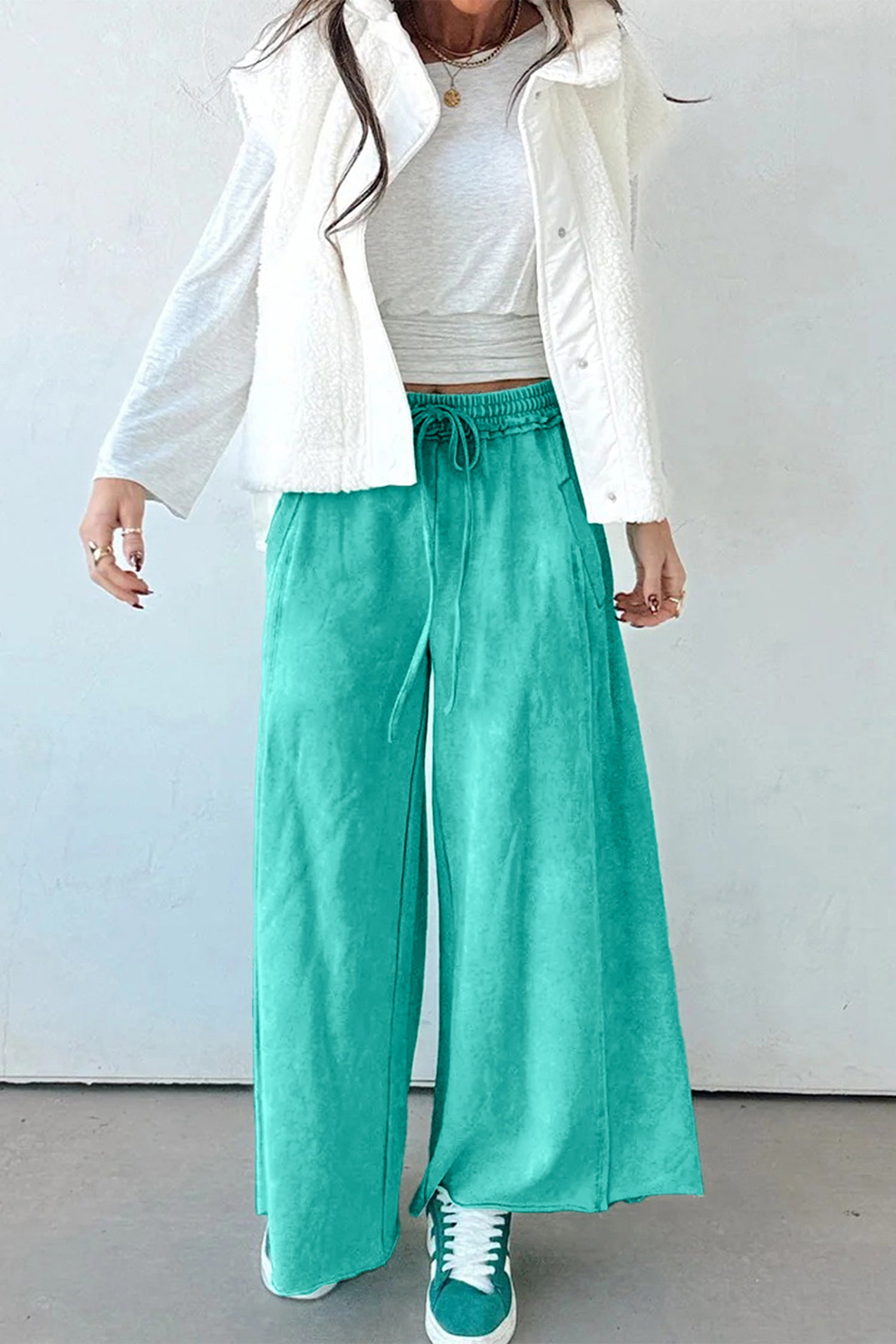 Sea Green Mineral Wash Drawstring Elastic Waist Raw Hem Loose Pants 76d2a693528deefa