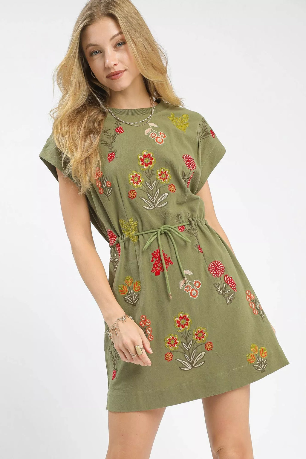 Umgee Embroidered Floral Mini Dress with Waist Tie SAGE 76d4820f-6433-44b7-aa4b-29da128075f6-Max-Origin