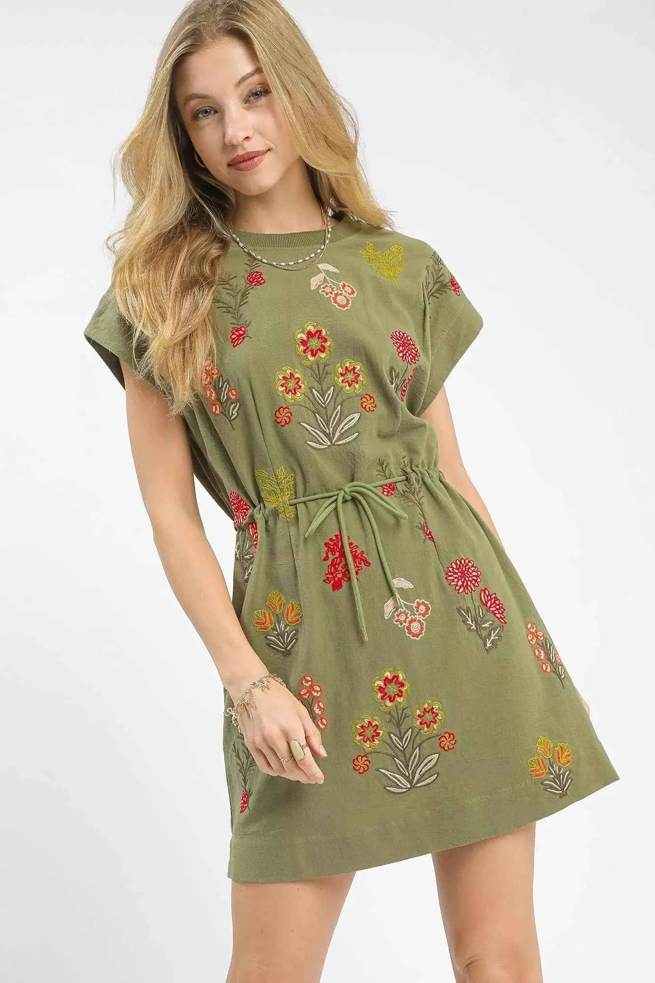 Umgee Embroidered Floral Mini Dress with Waist Tie SAGE 76d4820f-6433-44b7-aa4b-29da128075f6-Max-Origin