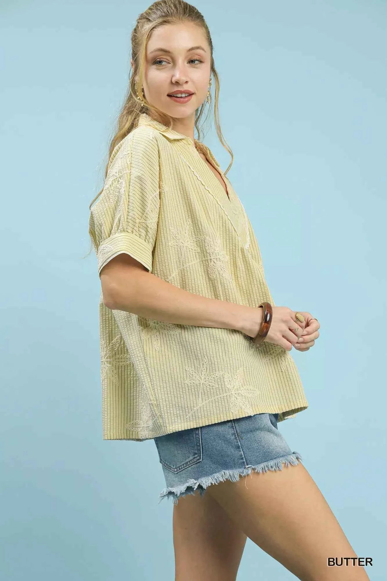 Umgee Striped Embroidered Blouse with Scallop Trim