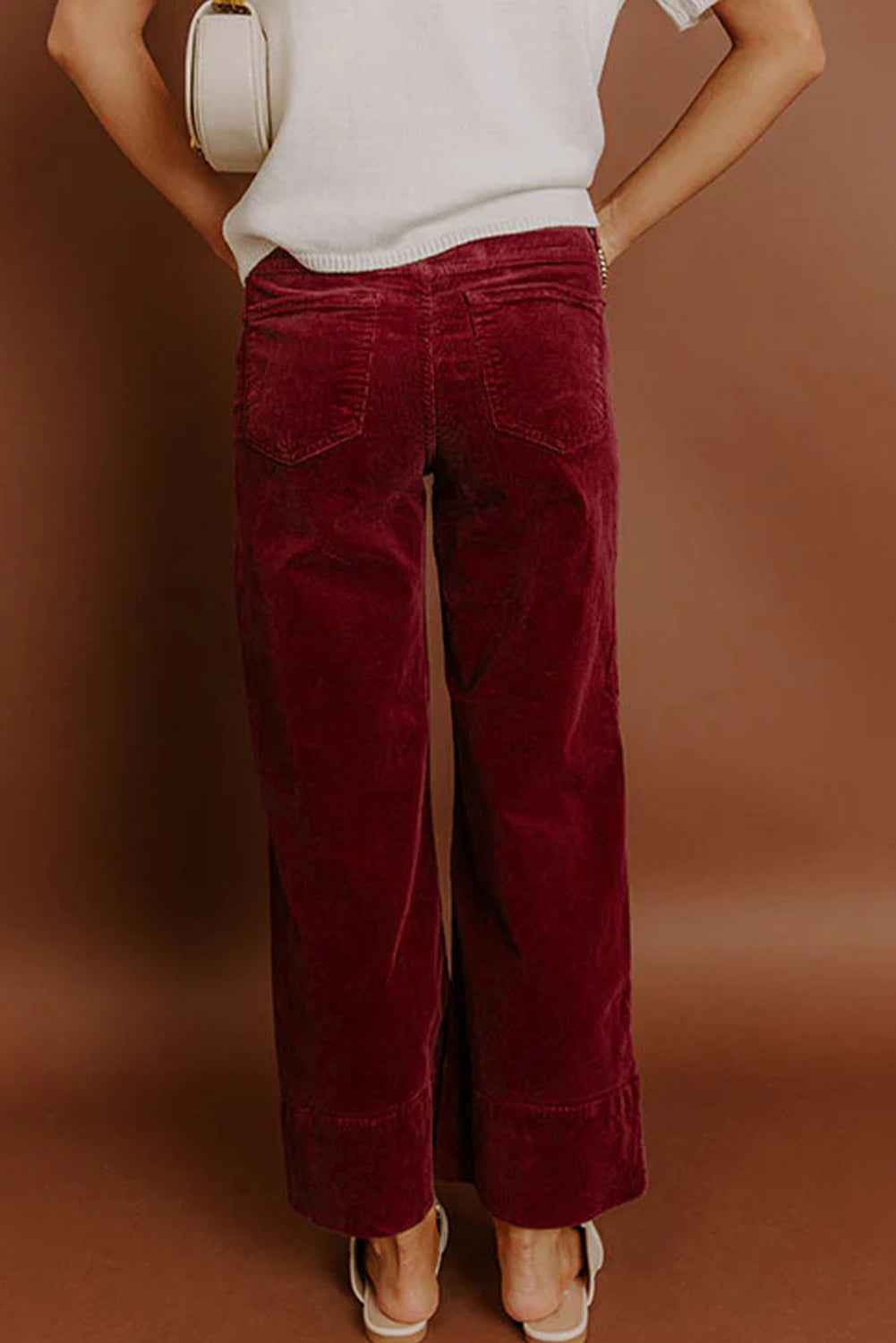 Burgundy Corduroy Solid Color High Waist Wide Leg Pants 76d8be838743cedd