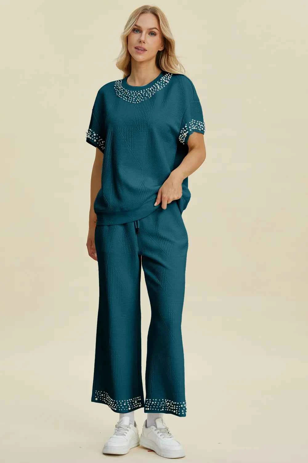 Double Take Full Size Pearl Detail Round Neck Top and Pants Set Deep Teal 76d90dce-6c6a-465b-af98-a45054fa88dc-Max