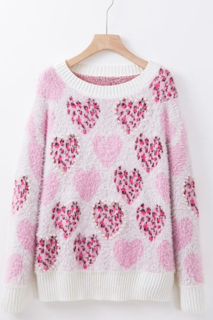 Pearl Detail Heart Round Neck Sweater