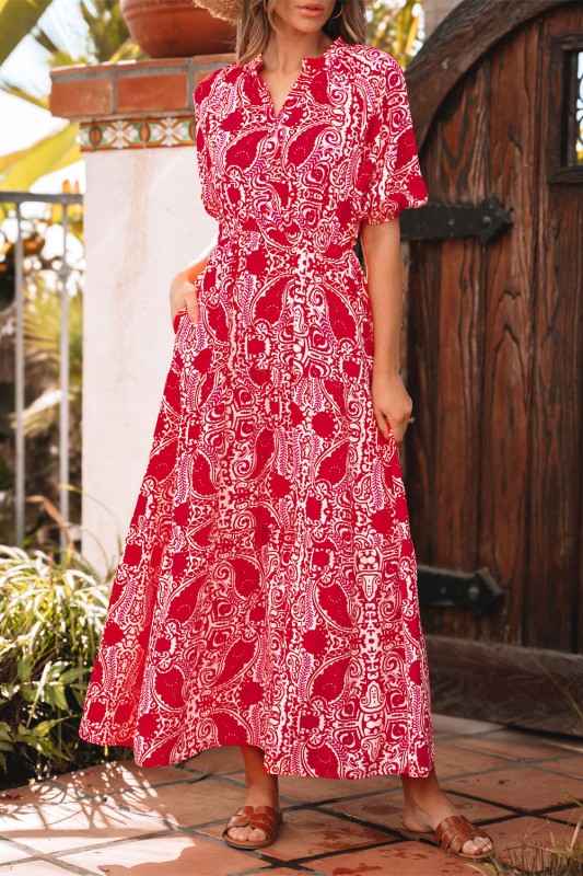 Paisley Side Slit Puff Sleeve Maxi Dress 76e19a75-a166-4450-9d56-8cb7a3e7a79e