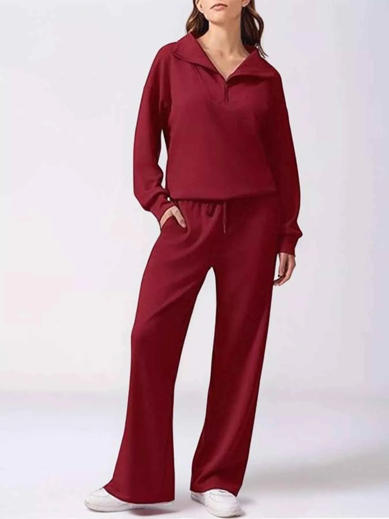 Relaxed Fit Quarter-Zip Top and Pants Set Wine Red 76e616afe20844da8140df1db279b003-Max-Origin